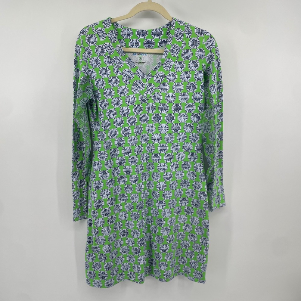 IBKUL Dress Womens S Green Blue Geometric Medallion Long Slv Mesh Panels Active